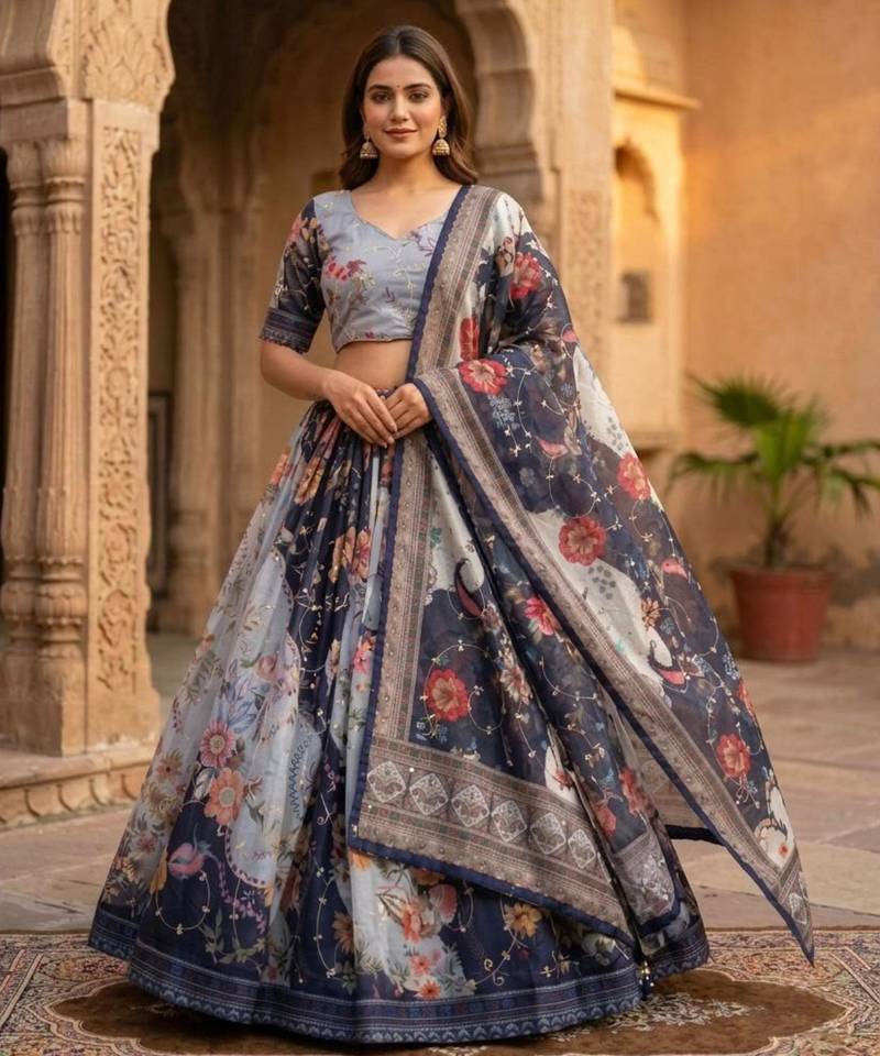 grey silk blend printed fashion lehenga-choli