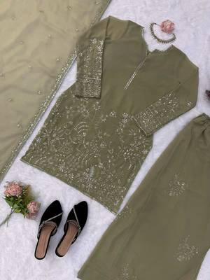 Sage green faux georgette palazzo suit set with thread & sequin embroidery 4