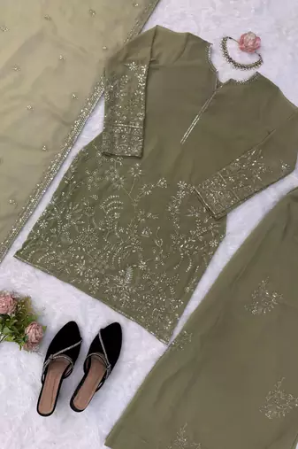 Sage green faux georgette palazzo suit set with thread & sequin embroidery