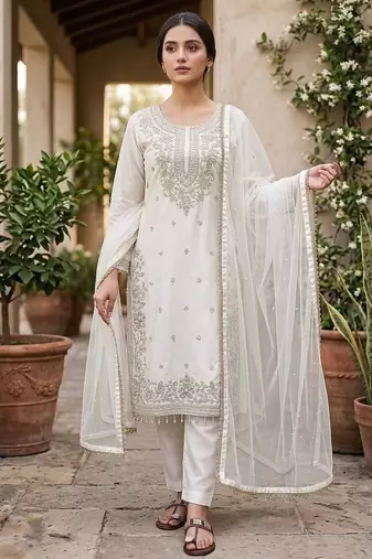 White gmy silk blend embroidered kurta palazzo set with dupatta