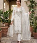 White gmy silk blend embroidered kurta palazzo set with dupatta