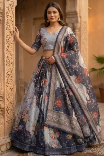 grey silk blend printed fashion lehenga-choli