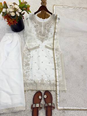 White gmy silk blend embroidered kurta palazzo set with dupatta 2