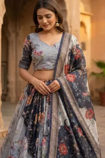 grey silk blend printed fashion lehenga-choli
