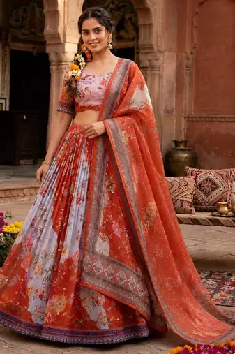 orange silk blend printed fashion lehenga-choli