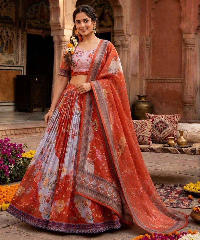 orange silk blend printed fashion lehenga-choli