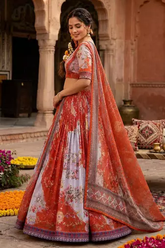 orange silk blend printed fashion lehenga-choli