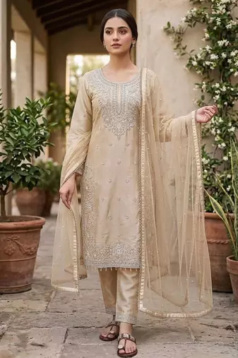 Cream gmy silk blend embroidered kurta palazzo set with dupatta