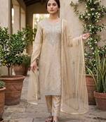 Cream gmy silk blend embroidered kurta palazzo set with dupatta