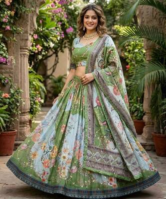 green silk blend printed fashion lehenga-choli 1