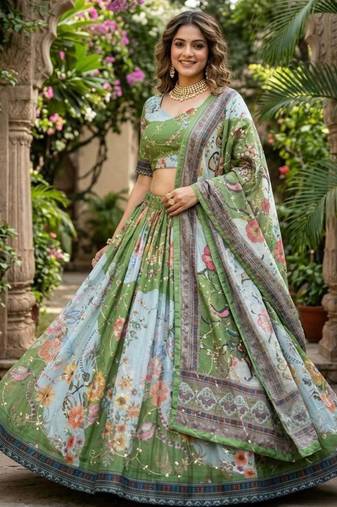 green silk blend printed fashion lehenga-choli