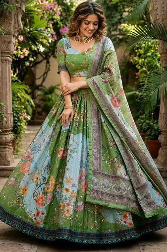 green silk blend printed fashion lehenga-choli