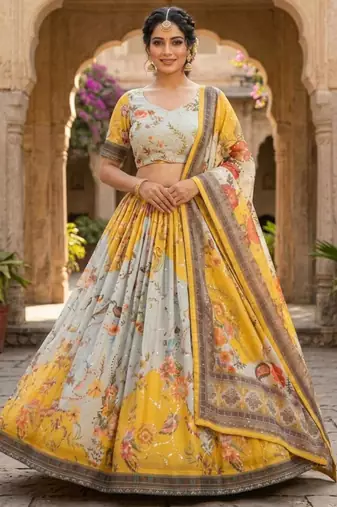 yellow silk blend printed fashion lehenga-choli