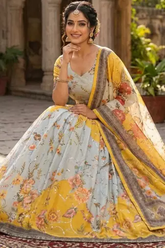 yellow silk blend printed fashion lehenga-choli