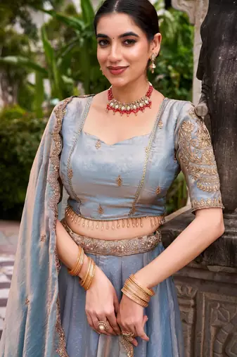 grey silk blend embroidered traditional lehenga-choli