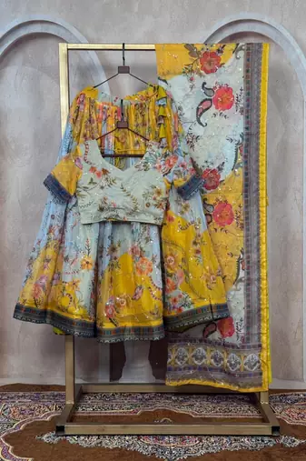 yellow silk blend printed fashion lehenga-choli
