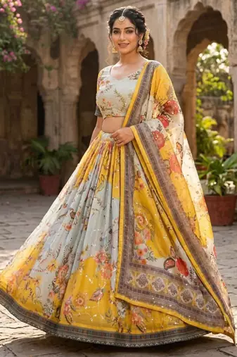 yellow silk blend printed fashion lehenga-choli