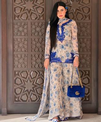 Blue faux georgette embroidered kurta palazzo set with digital print dupatta 1