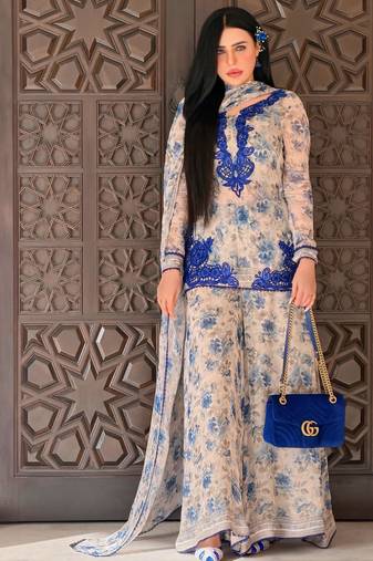 Blue faux georgette embroidered kurta palazzo set with digital print dupatta