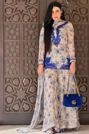 Blue faux georgette embroidered kurta palazzo set with digital print dupatta