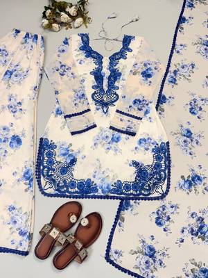 Blue faux georgette embroidered kurta palazzo set with digital print dupatta 2
