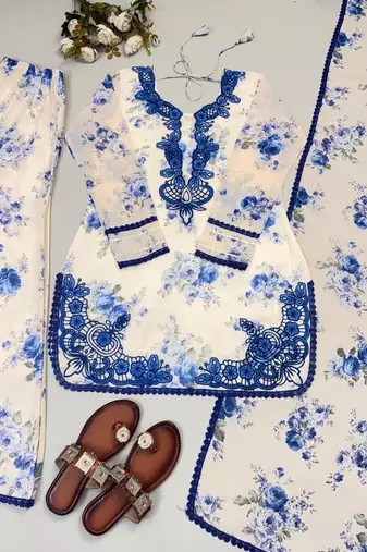 Blue faux georgette embroidered kurta palazzo set with digital print dupatta