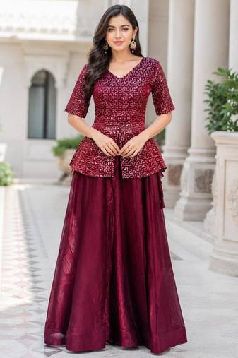 maroon satin plain traditional lehenga-choli with free size upto 42