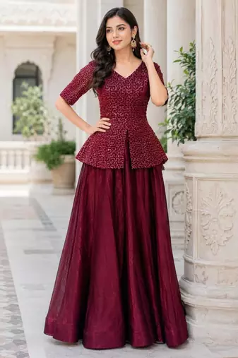 maroon satin plain traditional lehenga-choli