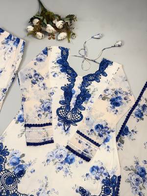 Blue faux georgette embroidered kurta palazzo set with digital print dupatta 3
