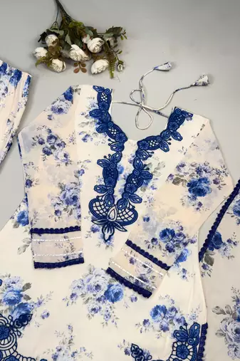 Blue faux georgette embroidered kurta palazzo set with digital print dupatta