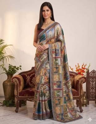 Blue chinon silkblend saree with aari & real mirror work 1