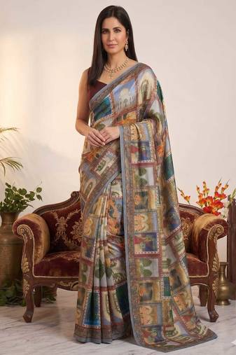 Blue chinon silkblend saree with aari & real mirror work