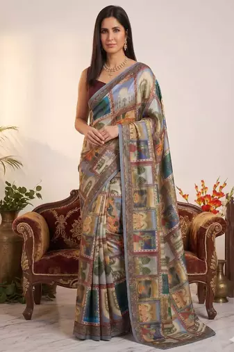 Blue chinon silkblend saree with aari & real mirror work