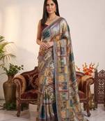 Blue chinon silkblend saree with aari & real mirror work