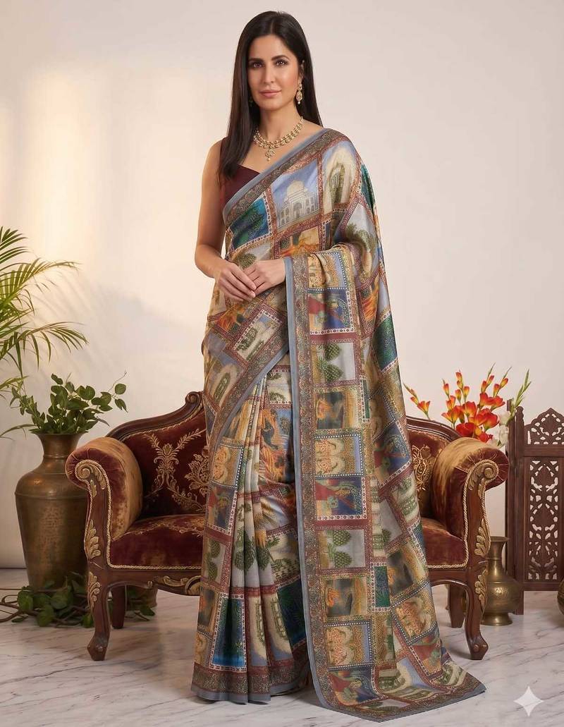 Blue chinon silkblend saree with aari & real mirror work