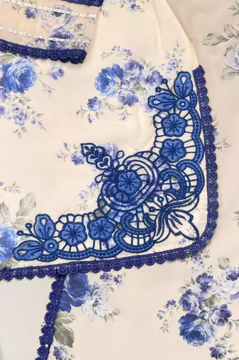 Blue faux georgette embroidered kurta palazzo set with digital print dupatta