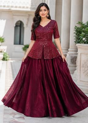 maroon satin plain traditional lehenga-choli 4