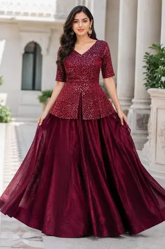maroon satin plain traditional lehenga-choli