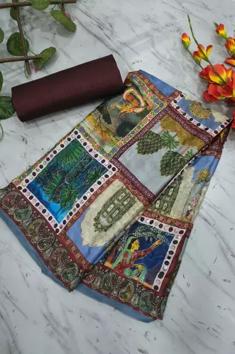 Blue chinon silkblend saree with aari & real mirror work