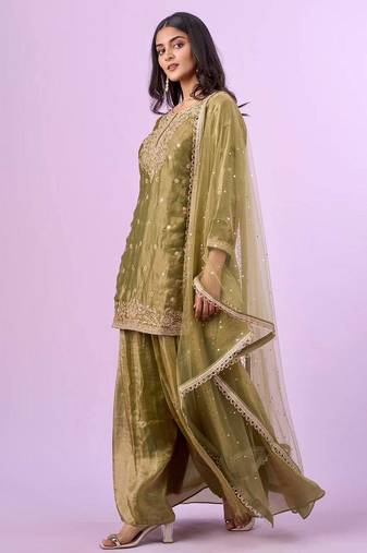 Green fandy silkblend embroidered palazzo suit set with soft net dupatta