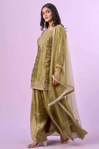 Green fandy silkblend embroidered palazzo suit set with soft net dupatta