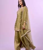 Green fandy silkblend embroidered palazzo suit set with soft net dupatta