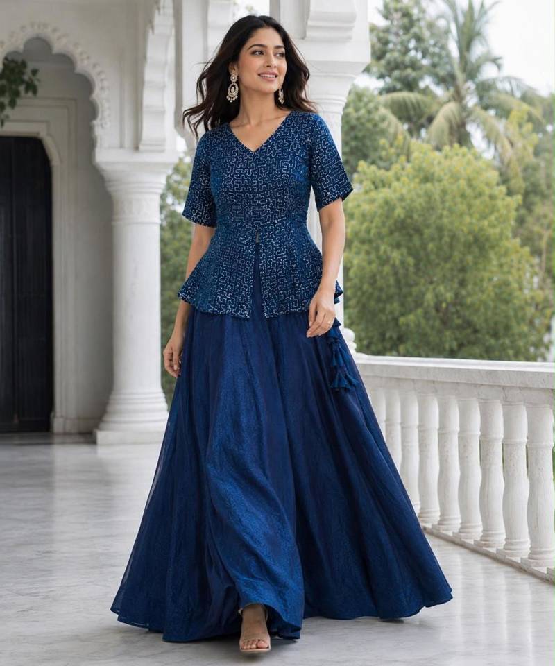 navy blue satin plain traditional lehenga-choli