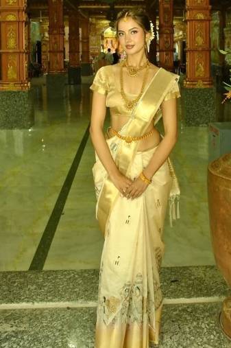 Ivory tusser silkblend saree with designer weaving border & embroidered kalamkari design