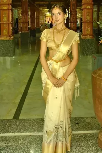 Ivory tusser silkblend saree with designer weaving border & embroidered kalamkari design