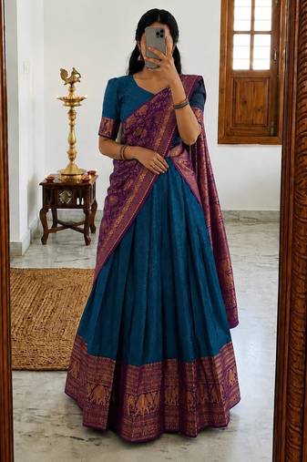 teal blue silk blend woven traditional lehenga-choli