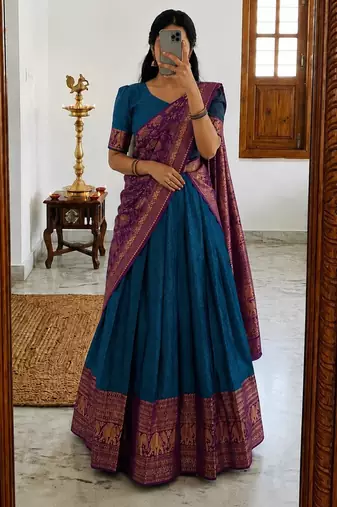 teal blue silk blend woven traditional lehenga-choli
