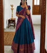 teal blue silk blend woven traditional lehenga-choli