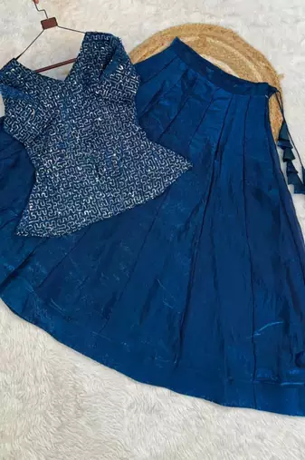 navy blue satin plain traditional lehenga-choli with free size upto 44