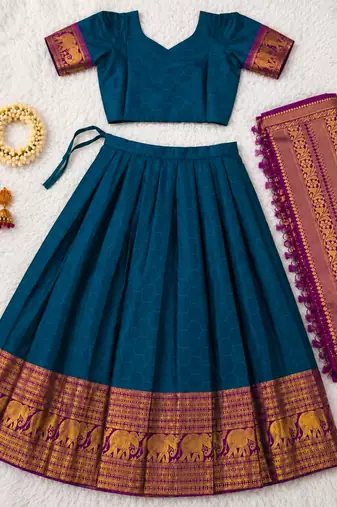 teal blue silk blend woven traditional lehenga-choli